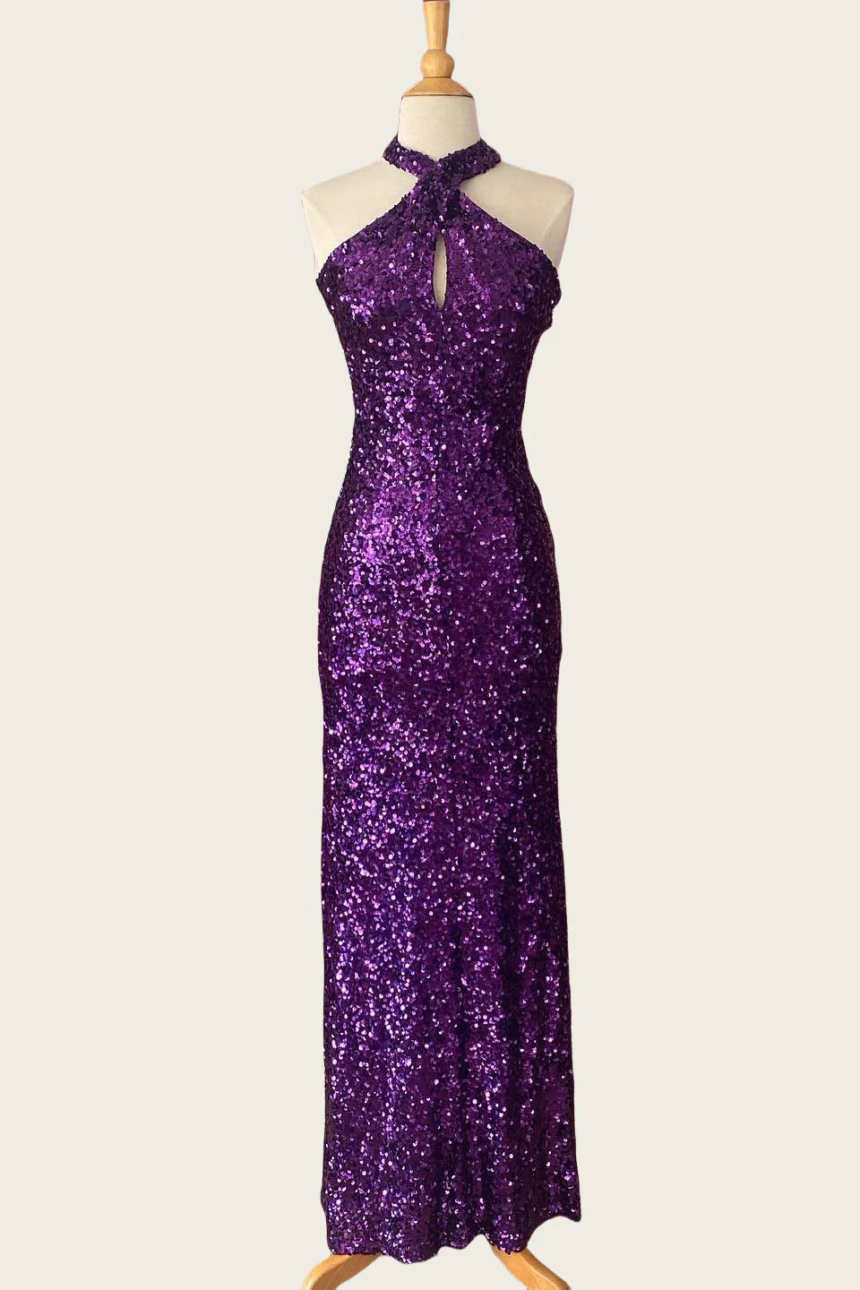 Halter Purple Sequin Open Back Sheath Long Dress