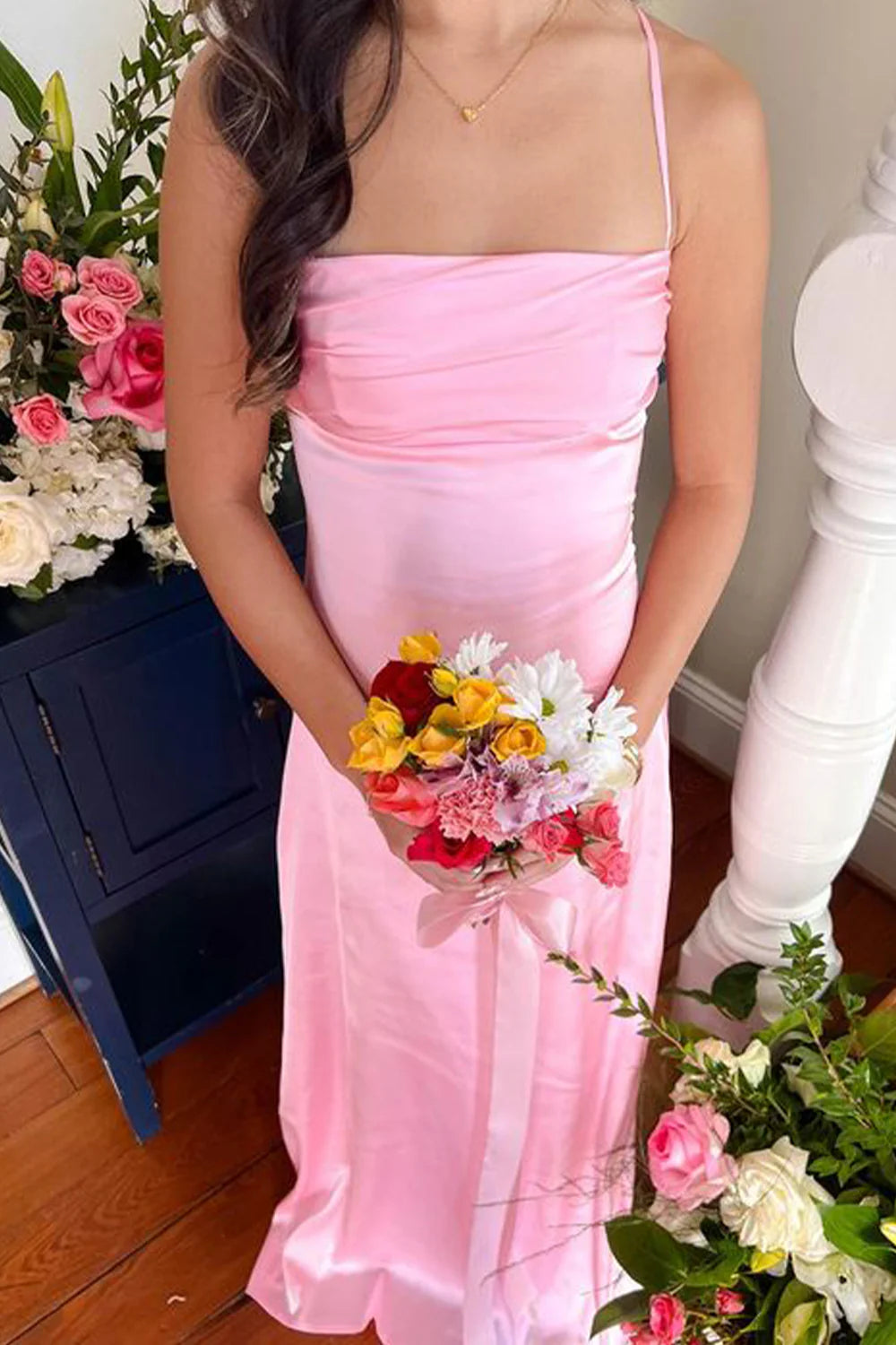 A Line Spaghetti Straps Pink Long Prom Dress with Backless