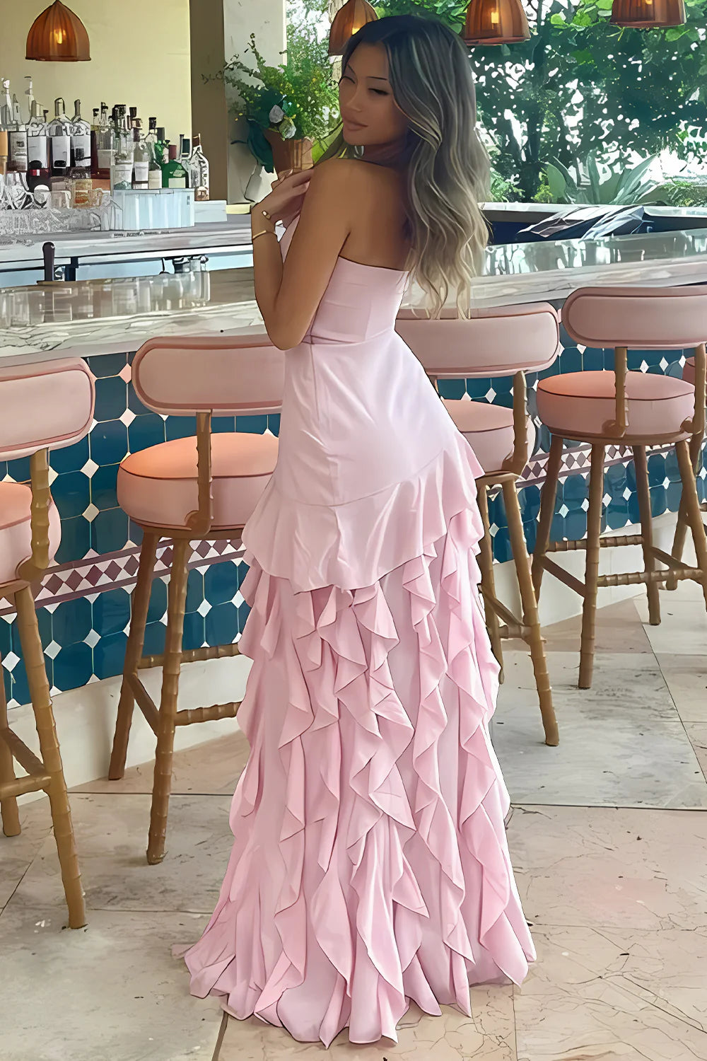 Sheath Strapless Pink Long Prom Dress with Ruffles