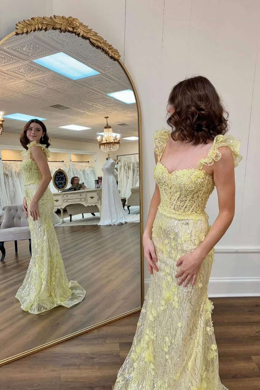 Yellow Mermaid Long Glitter Prom Party Dress with Appliques