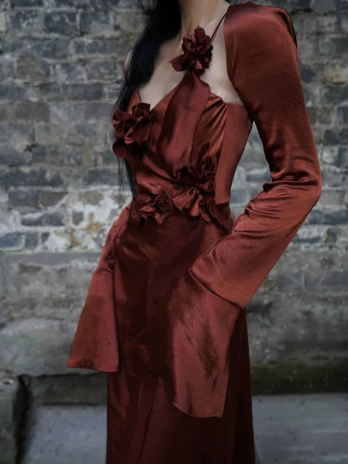 A line Spaghetti Straps Burgundy Floral Long Prom Dresses Birthday Dress