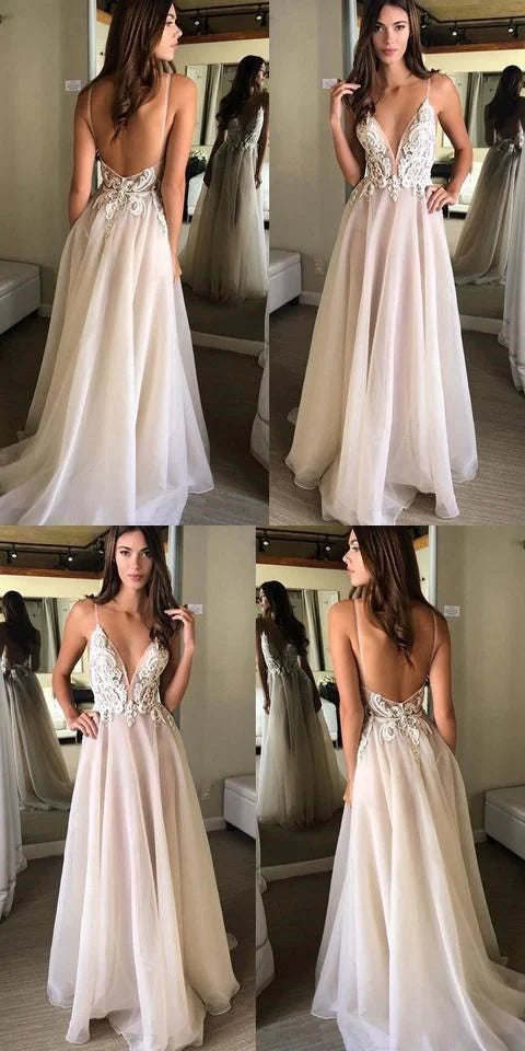 Deep V-neck Spaghetti Straps Lace Appliqued Beach Wedding Dress