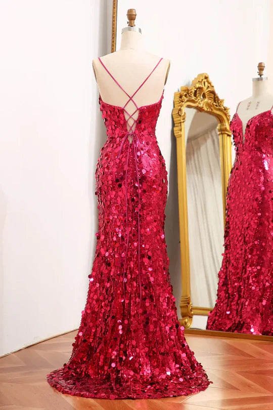 Deep V-Neck Spaghetti Straps Mermaid Sequin Evening Dresses