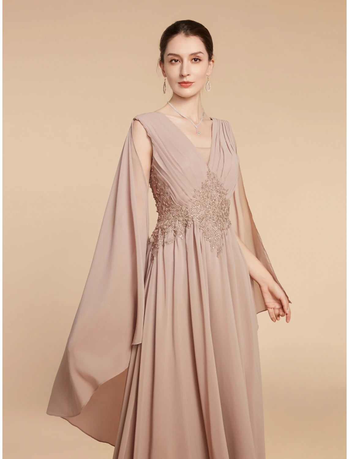 A-Line Mother of the Bride Dress Wedding Guest Elegant V Neck Ankle Length Chiffon Lace Sleeveless