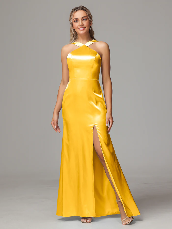 Sheath Halter Sleeveless Soft Satin Bridesmaid Dress With Slit