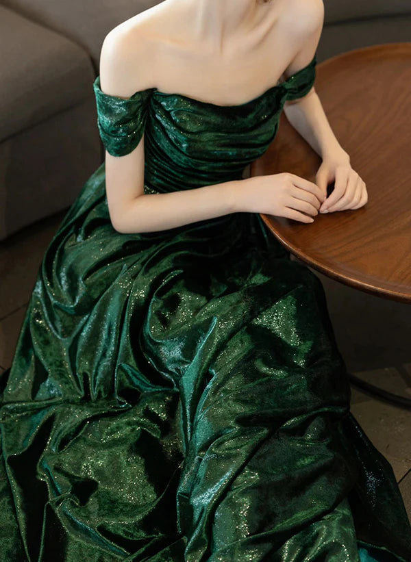 Glitter Pretty Green Off Shoulder Simple Ruched Evening Dress Long Prom Dress