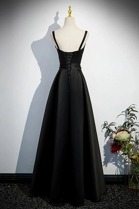 A-line Black Satin Straps Long Formal Dress Simple Prom Dress
