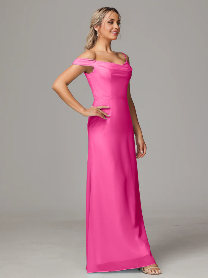 Spaghetti Straps Off The Shoulder Chiffon Long Bridesmaid Dress With Slit