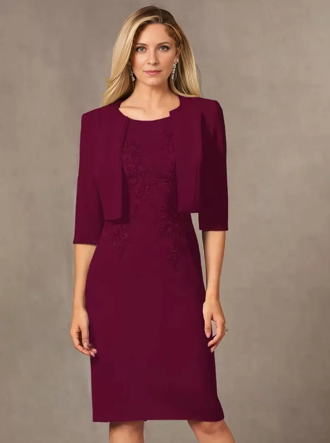 Two Piece Party Dress For Mother Of The Bride Jewel Neck Sleeveless Short Lace Knee-Length Wedding Guest Dresses
