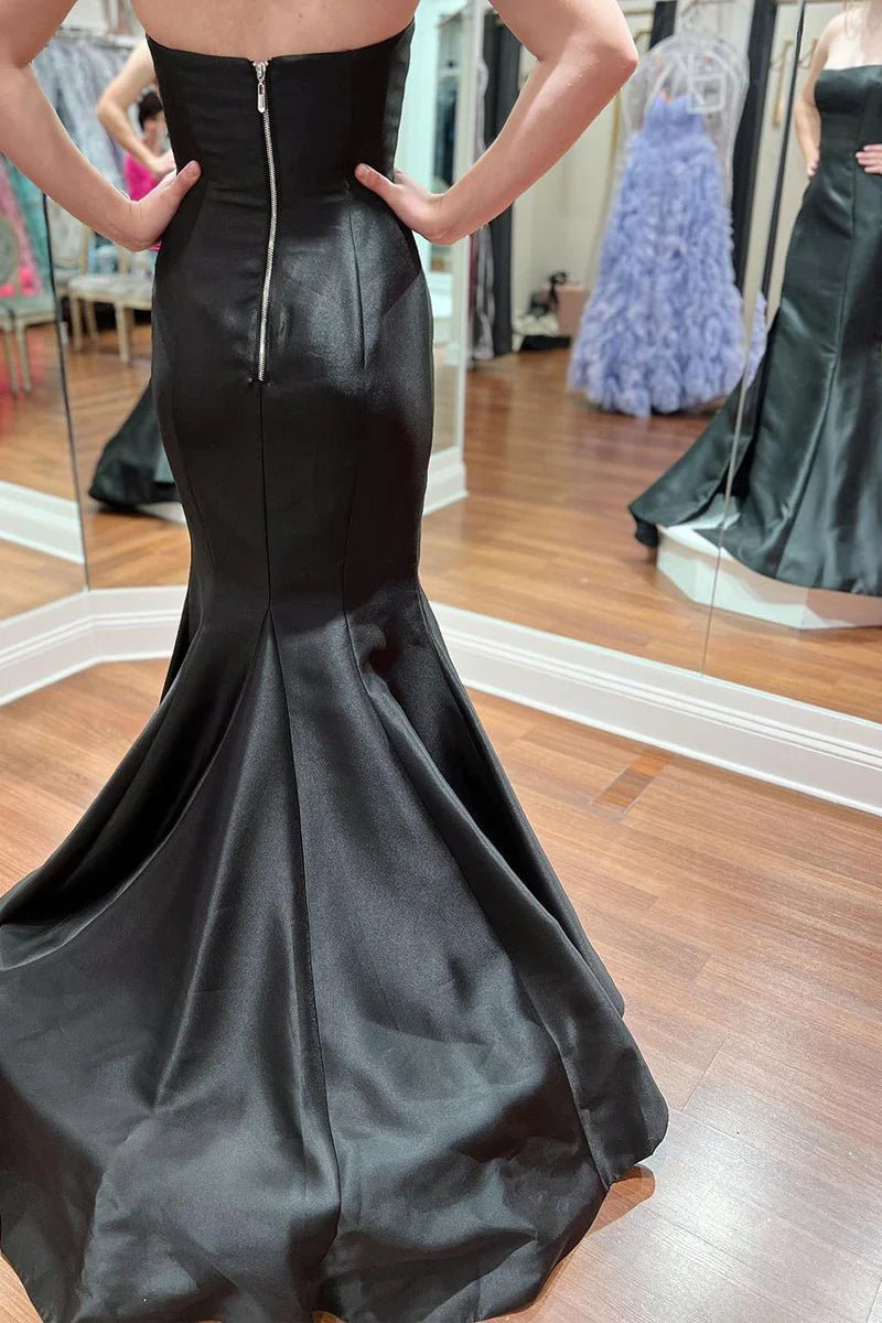 Black Strapless Satin Mermaid Prom Dress with Slit