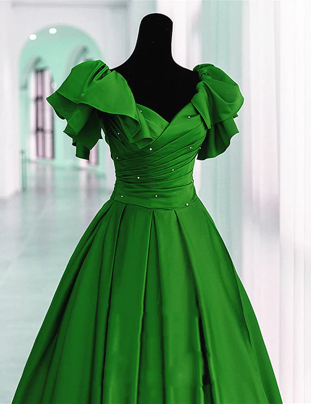Green Satin Off Shoulder Long Party Dress A-line Green Prom Dress Ballgown