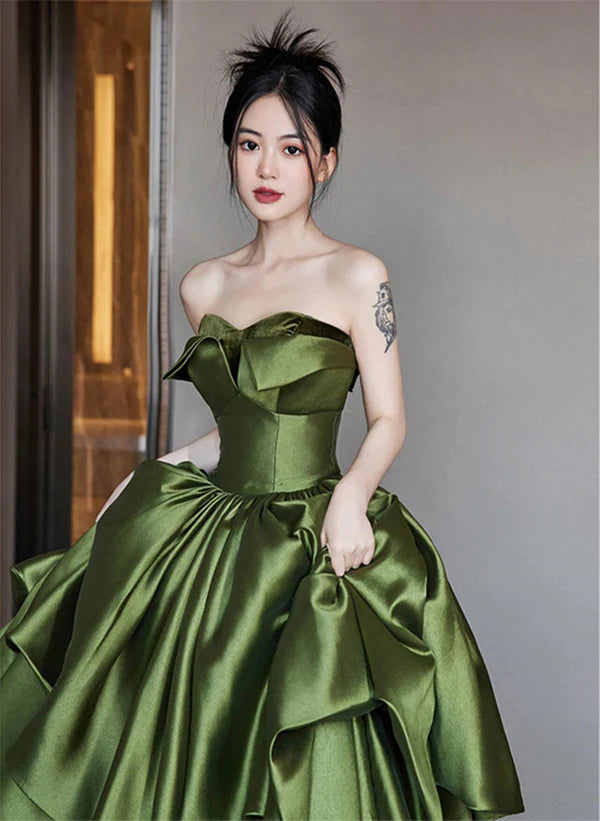 Green Satin A-line Off Shoulder Ballgown Ruffle Tiered Floor Length Party Dress Prom Dress