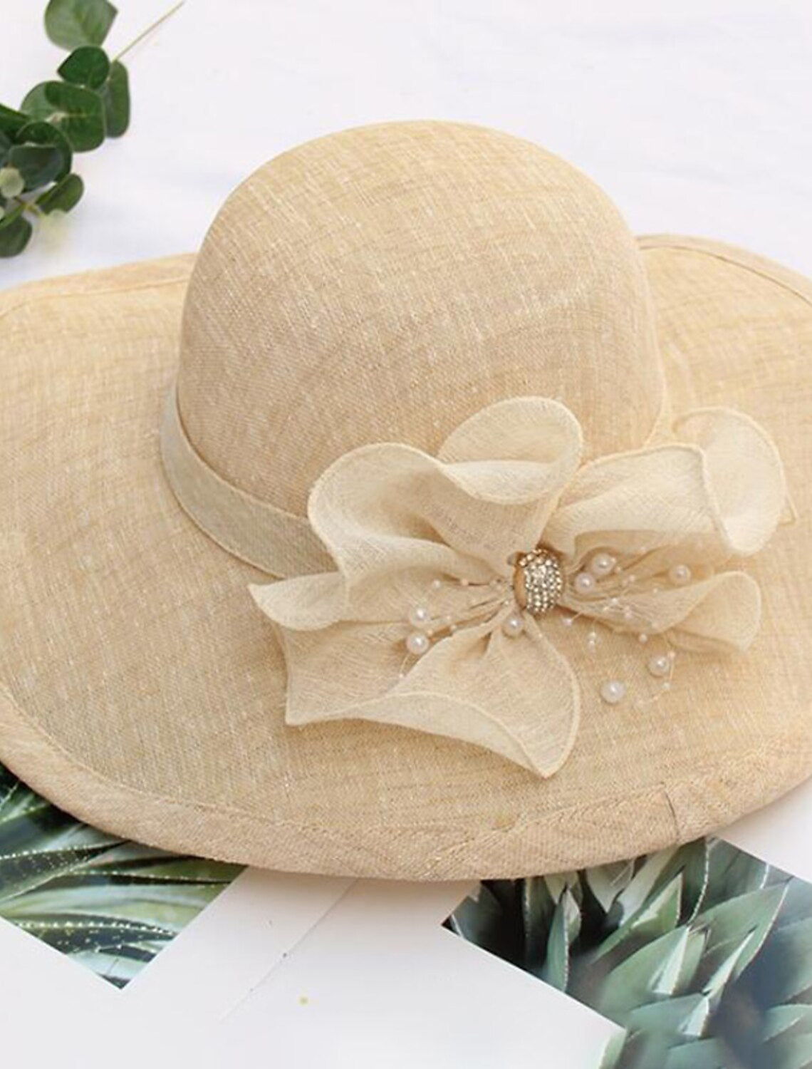 Headwear Tulle Imitation Pearl Bucket Hat Straw Hat Sun Hat Wedding Outdoor Melbourne Cup With Bowknot Imitation Pearl Headpiece Headwear