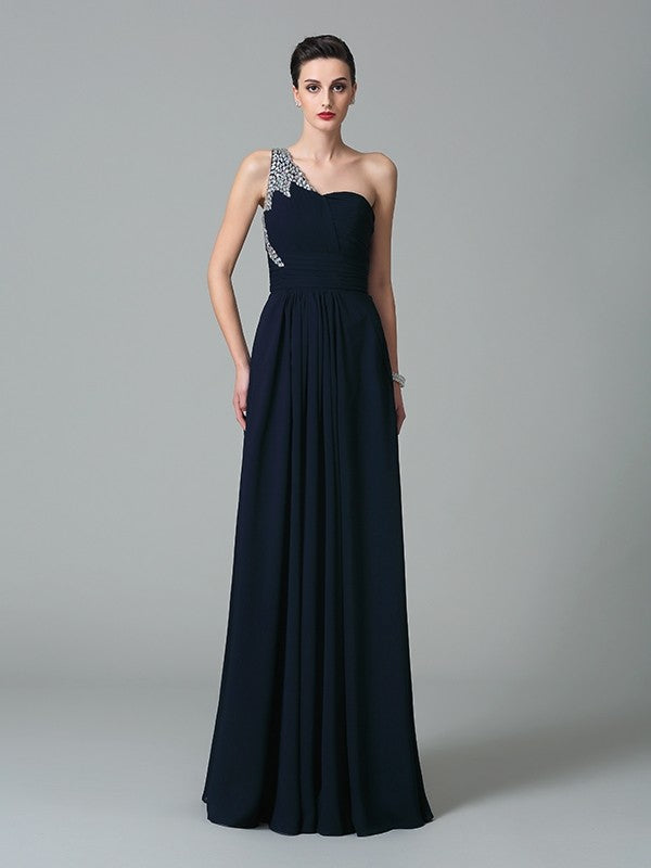 A-Line/Princess One-Shoulder Rhinestone Sleeveless Long Chiffon Dresse –  Koutun Dress