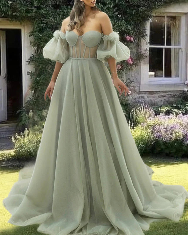 Sage A-Line Princess Off The Shoulder Floor-length Corset Dress Prom Dresses