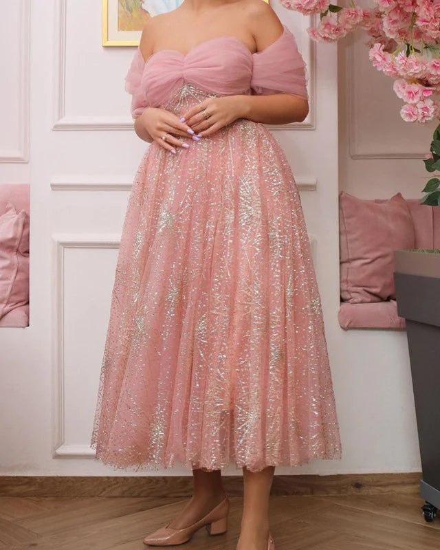 Pink Glitter Tulle Midi Dress Off Shoulder A-Line Princess Prom Dresses