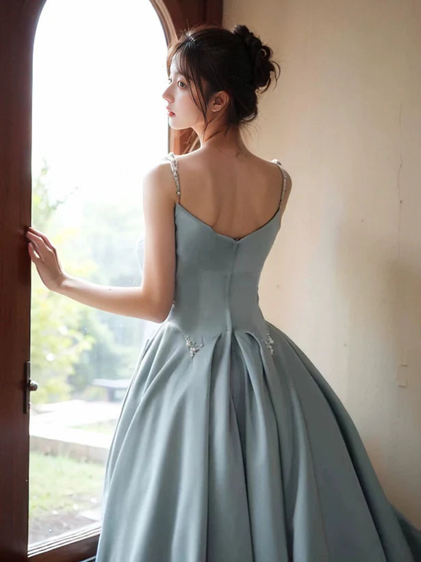 A-Line Blue Satin Beaded Straps Long Evening Dress Ballgown Satin Prom Dress With Sweep Train