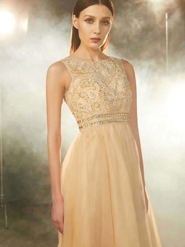 A-Line/Princess Scoop Beading Sleeveless Floor-Length Tulle Dresses