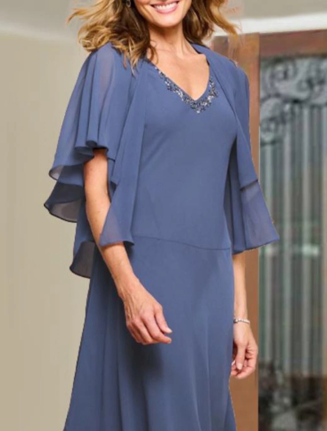 Two Piece Mother of the Bride Dress Wedding Guest V Neck Tea Length Chiffon Short Jacket Dresses with Beading Ruffles