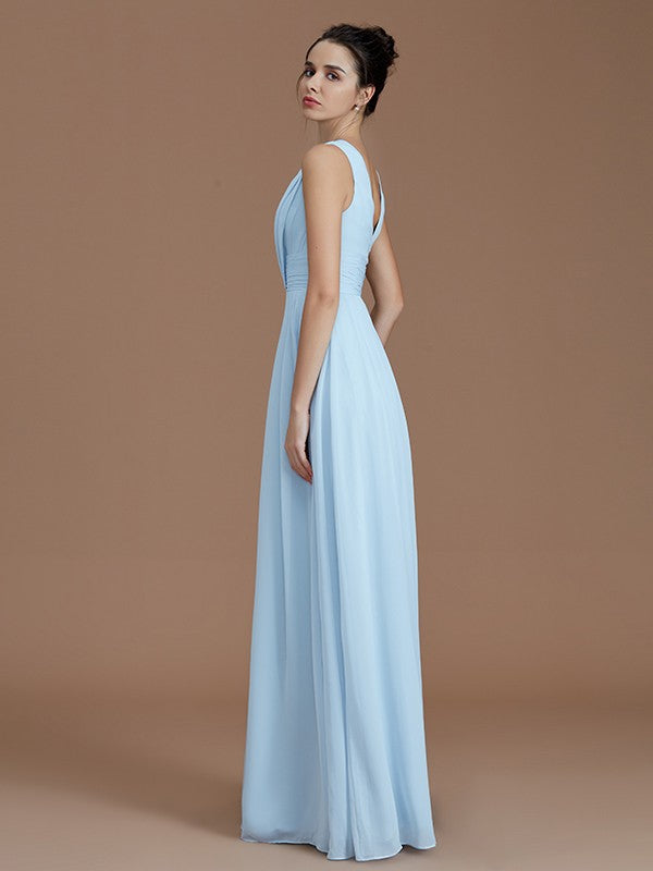 A-Line/Princess V-neck Sleeveless Ruched Floor-Length Chiffon Bridesmaid Dresses