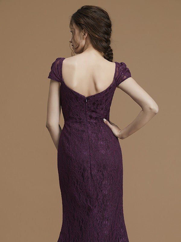 Sheath/Column Sweetheart Short Sleeves Sweep/Brush Train Lace Satin Bridesmaid Dresses