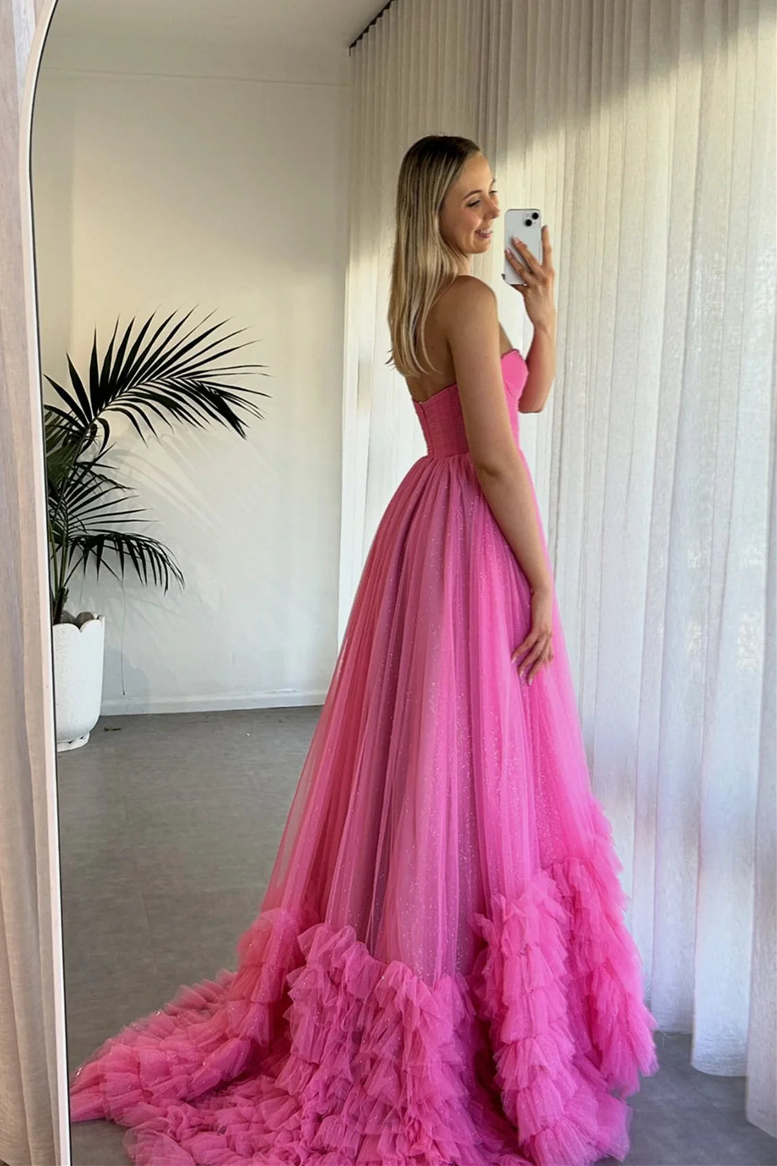 Sweetheart Pink Sparkle Tulle Ruffles Long Dress