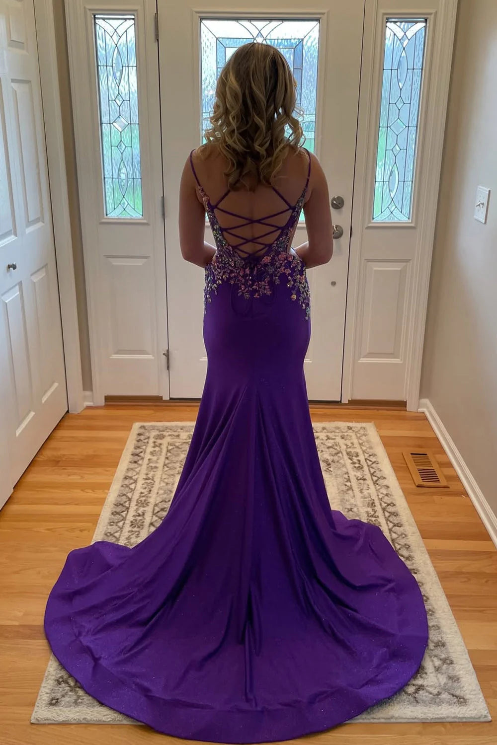 Mermaid V Neck Purple Satin Prom Dresses