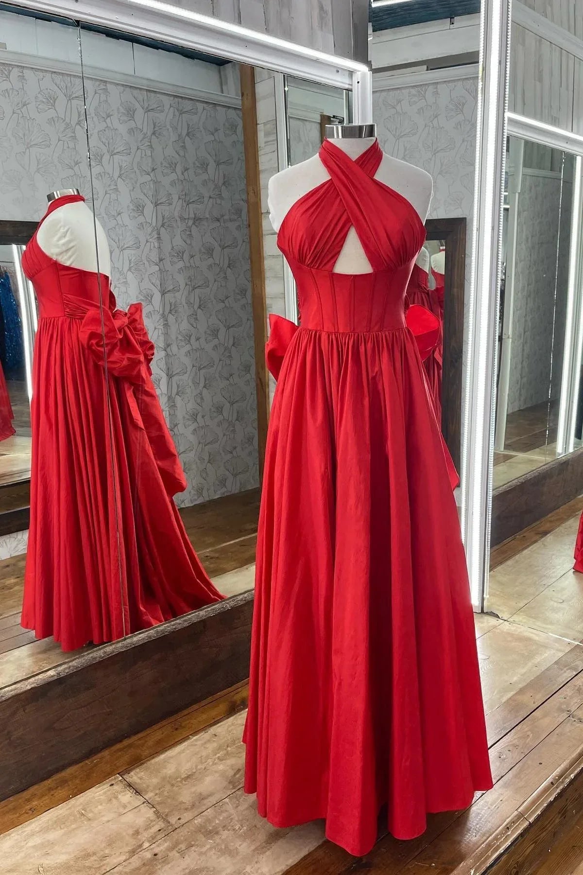 A-line Long Pink Evening Dress Halter Taffeta with Bow
