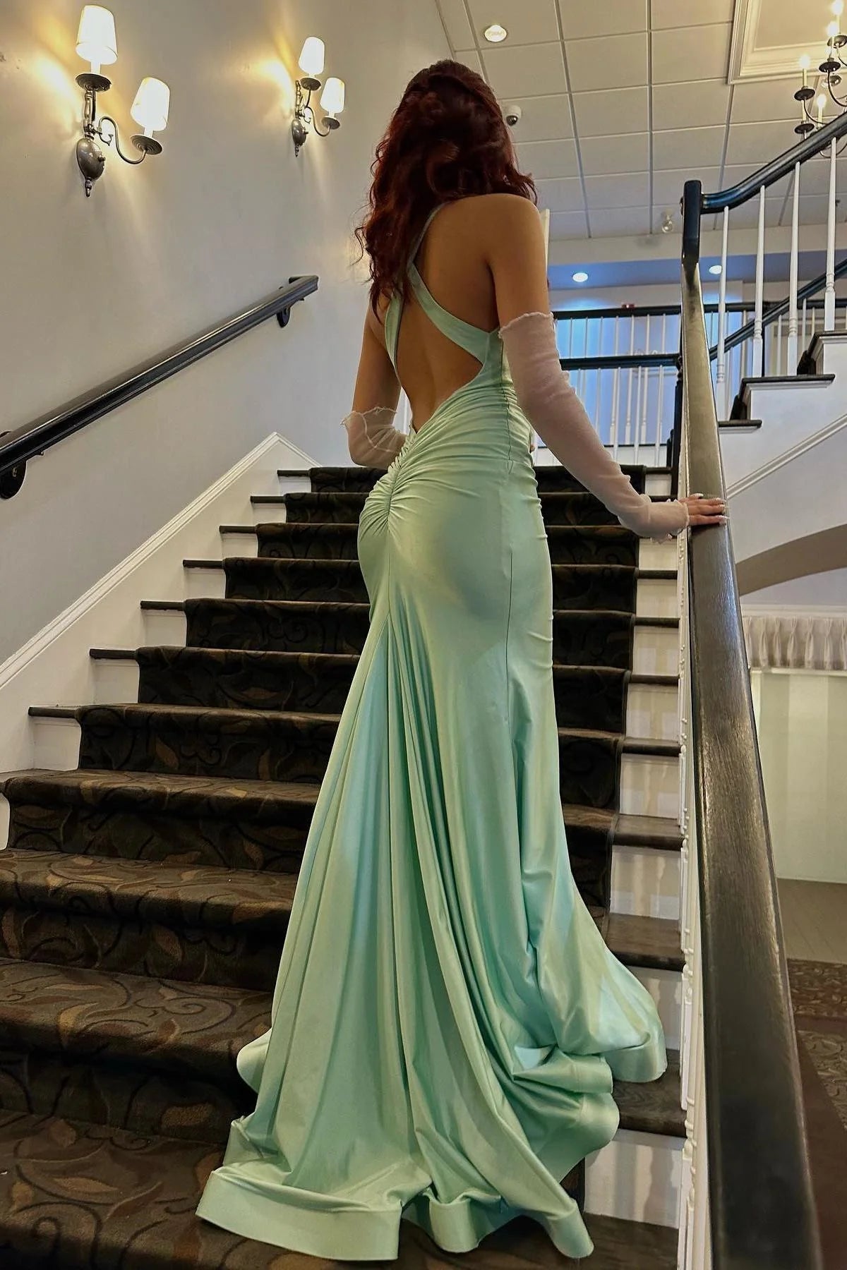 V Neck Green Satin Mermaid Long Prom Dress with Cross Back