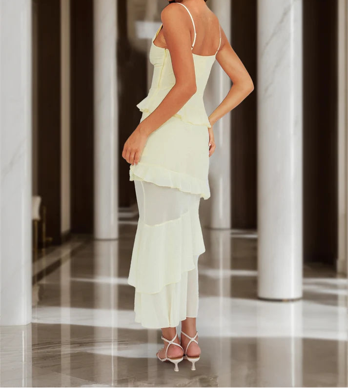 Chic Sheath/Column Straps V-Neck Rosette Maxi Dress Long Prom Dresses with Ruffles