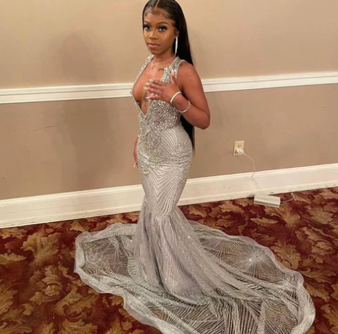 open lace back dress Wedtrend Women Sparkly Silver Prom Dress Mermaid Cut Out One Shoulder Mirror Long Evening Dress, Silver / US4