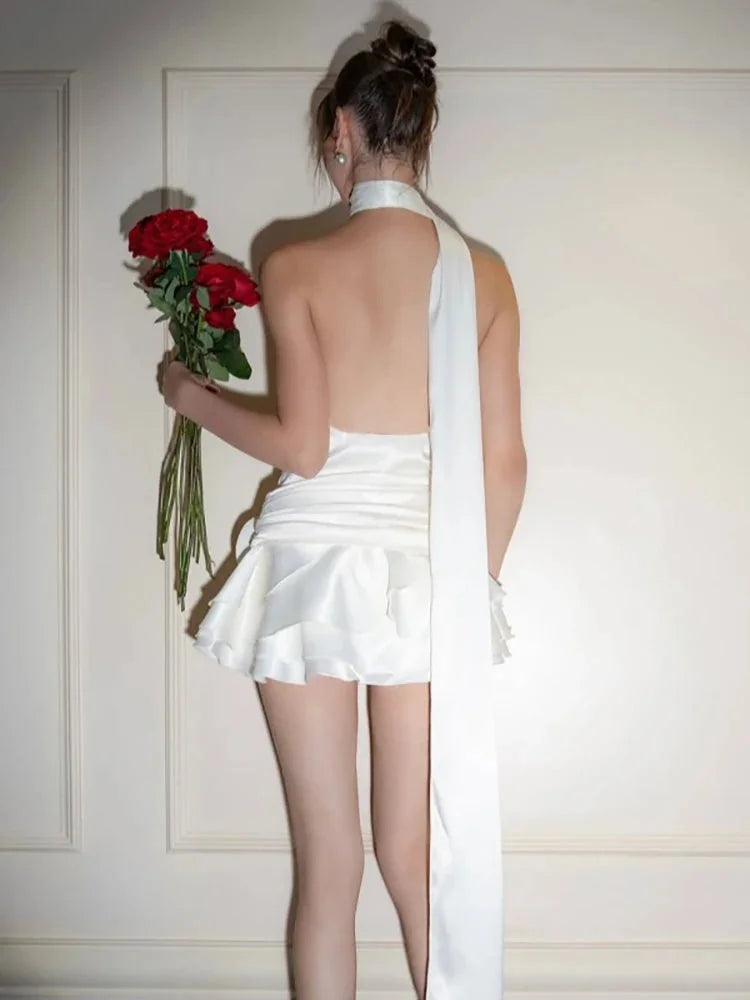 Charming Satin Backless Sleeveless Ruched 3D Flower Dress