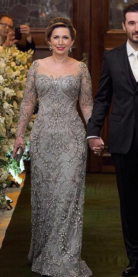 Luxury Grey Sheath Beaded Long Sleeve Mother of the Bride/Groom Dress – Koutun Dress