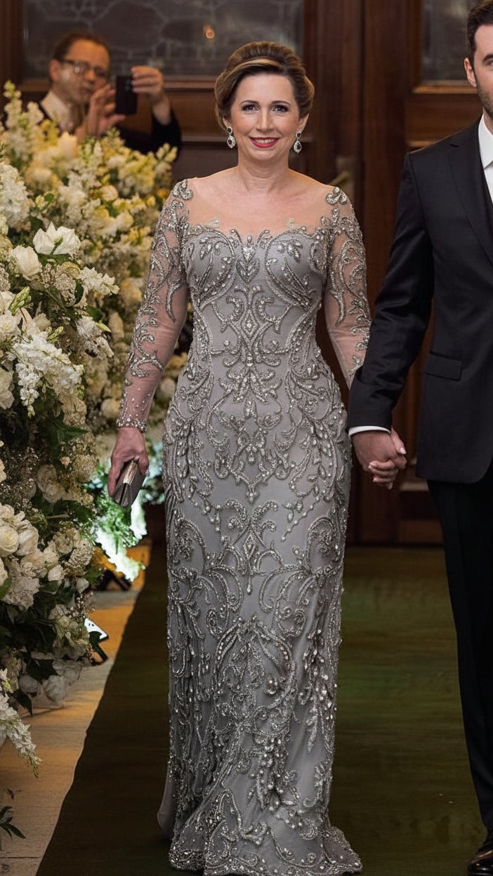 Luxury Grey Sheath Beaded Long Sleeve Mother of the Bride/Groom Dress