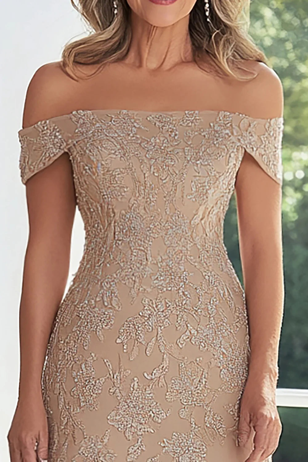 Elegant Taupe Lace Applique Sheath Off the Shoulder Mother of the Bride Dress