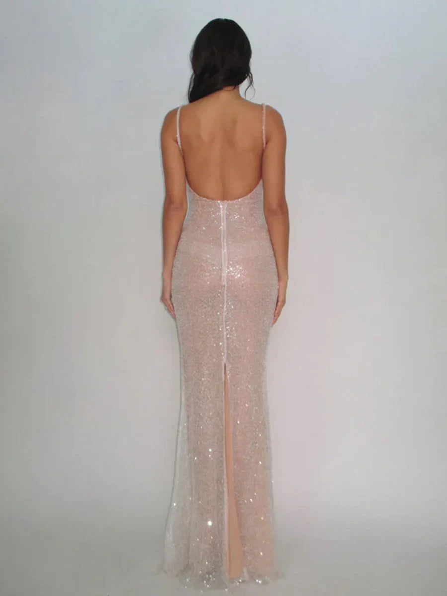 Sexy Pink Mermaid Straps Sequin Prom Dresses With Split