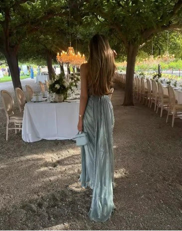 Sexy Spaghetti Straps Blue Tulle Pleated Evening Dress Elegant Prom Dress