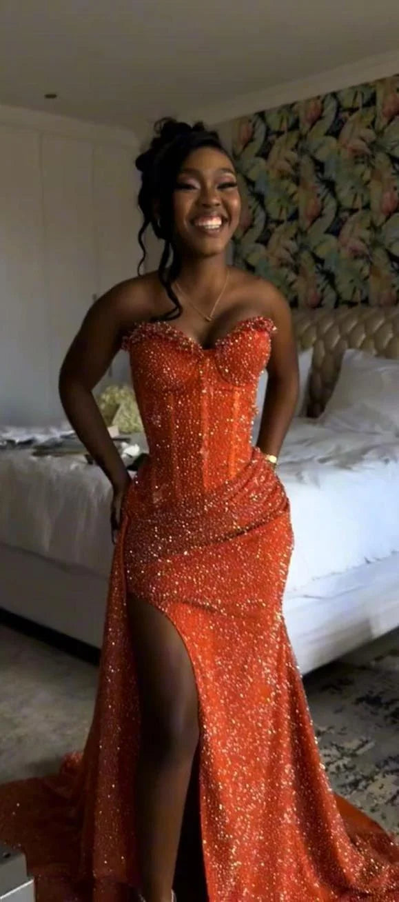 Sparkling Strapless Sleeveless Mermaid Split Long Prom Dress With Sequin