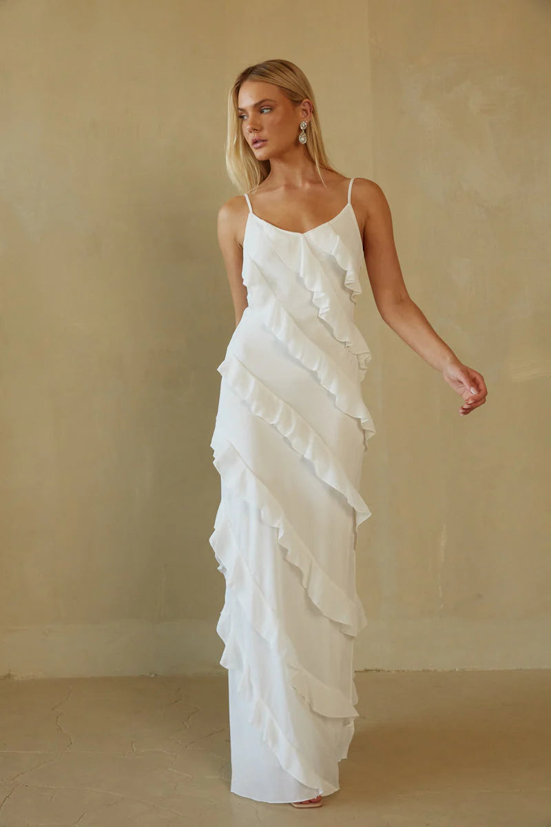 Charming Spaghetti Straps Tiered Ruffle Maxi Dress Prom Dresses
