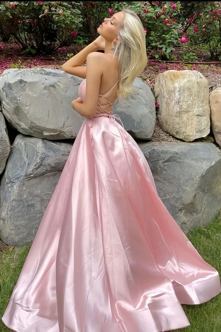 Simple Pink A-Line Satin Party Dress Side Slit Prom Dress Evening Dress