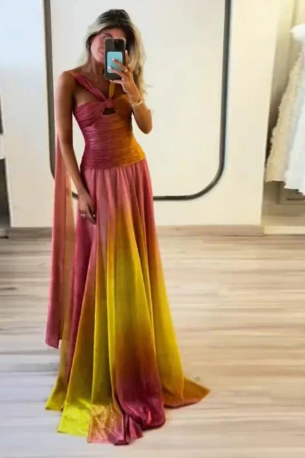 Pink Yellow Vogue Gradient Long Chiffon Prom Dress Wedding Guest Party Dress
