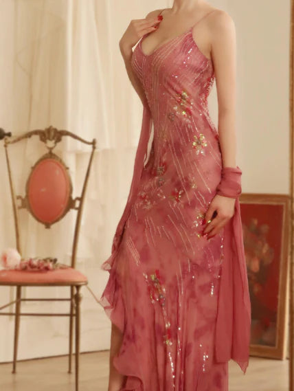 Retro Dreamy Mermaid Pink Print Floral Ruffle Chiffon Long Party Dress Evening Dress Date Dress