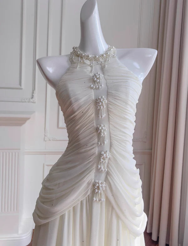 Elegant White A Line Halter Pearl Pleated Chiffon Prom Dress Vacation Dress