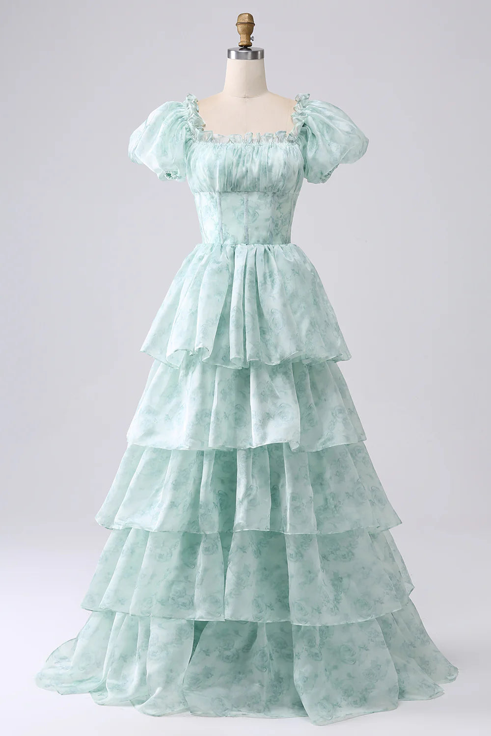 Vintage A Line Square Neck Light Blue Tiered Prom Dress with Ruffles