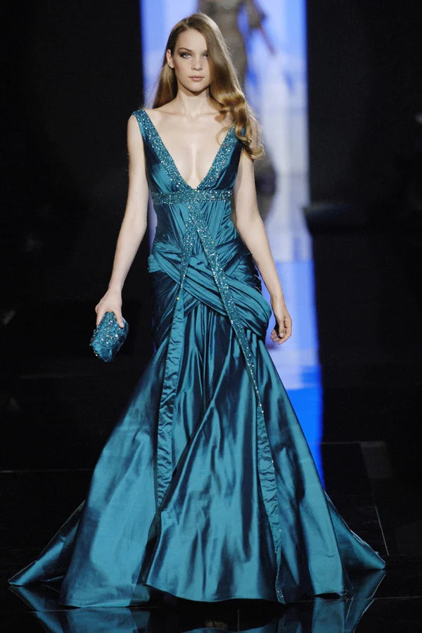 Dark Blue Classy Mermaid V Neck Sexy Beaded Satin Long Prom Dress Evening Dress