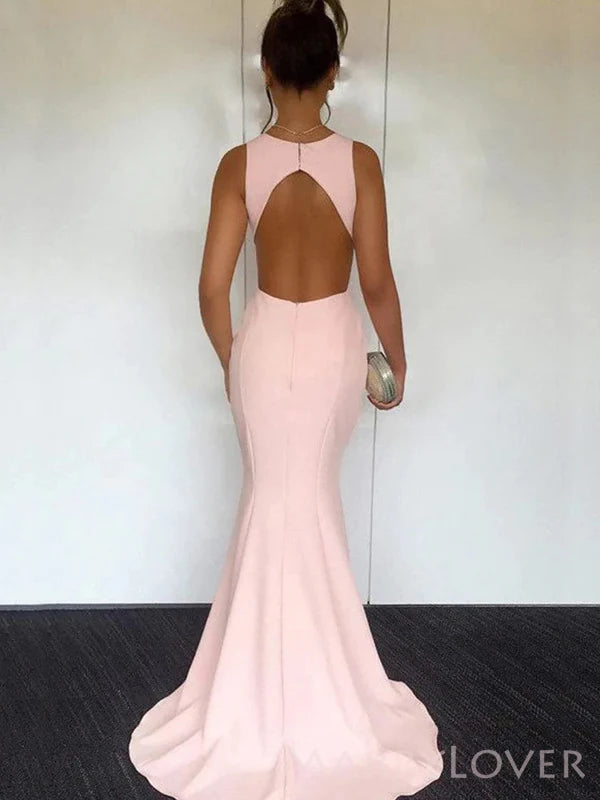 Mermaid Pink Backless Sleeveless Long Evening Prom Dresses