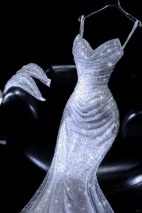 Sparkly Mermaid Spaghetti Straps Tulle Pleated Sequin Long Prom Dress Formal Dress