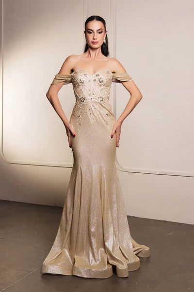 Sparkle Off the Shoulder Draped Appliques Sleeves Corset Brush Train Prom Dress