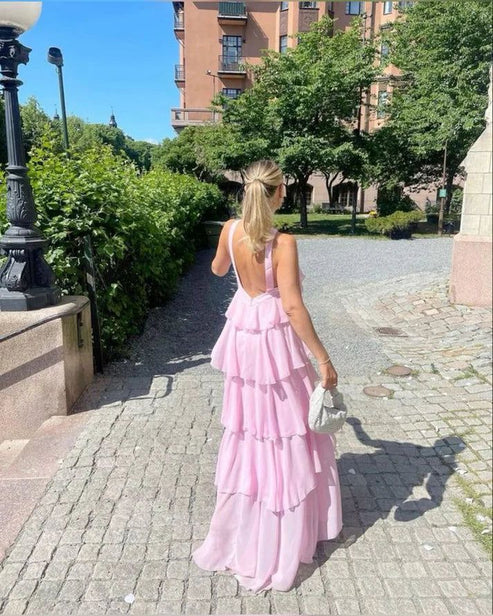 Classic Pink Prom Dresses Long Backless Prom Gown Birthday Outfit