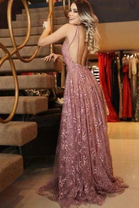 Sexy Long Lace Prom Dress A Line Deep V Neck Sleeveless Formal Dresses